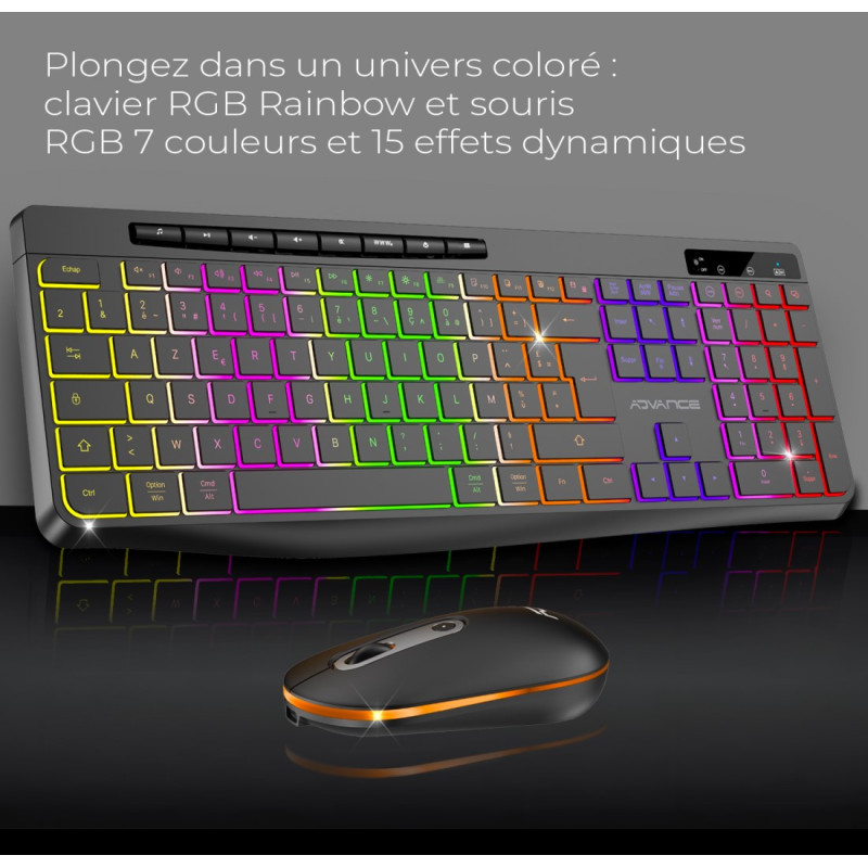 Ensemble Clavier Souris Gaming Sans Fil 2.4G – Rechargeable 3000/800mAh, Rétroéclairage LED Orange, Tapis Souris RGB, Support Téléphone Intégré, DPI 2400