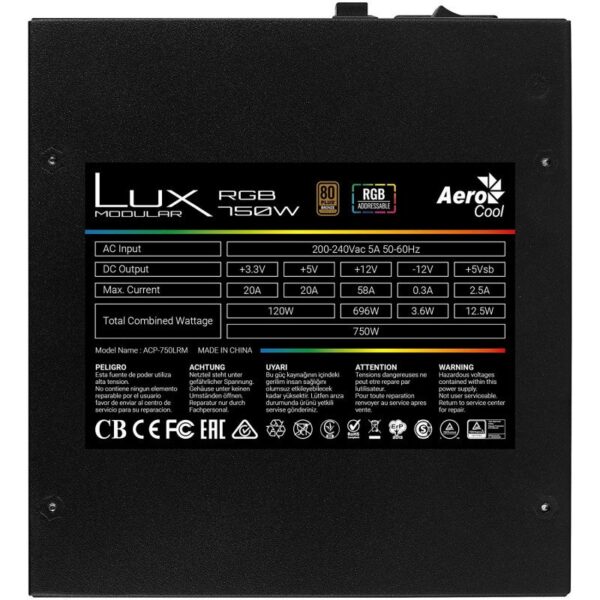 Bloc d’alimentation Aerocool LUX RGB 750 W 80 Plus Bronze Tunisie