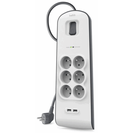 Multiprise Parafoudre Belkin 6 Prises Avec 2 Ports Usb 2.4 A – Blanc & Gris – BSV604VF2M-V2 Tunisie