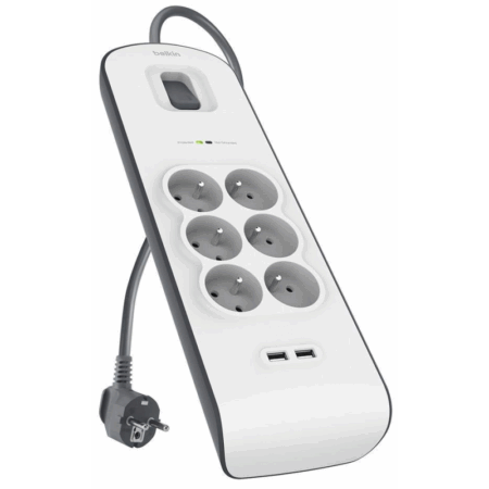 Multiprise Parafoudre Belkin 6 Prises Avec 2 Ports Usb 2.4 A – Blanc & Gris – BSV604VF2M-V2 Tunisie