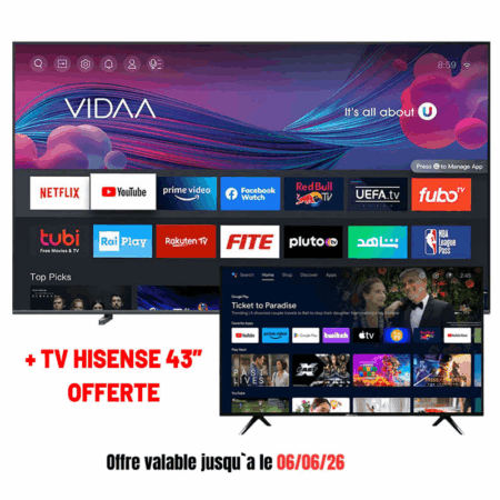 Téléviseur Hisense 75Q6N QLED UHD 4K Smart Vidaa + Hisense 43A4200G Gratuit Tunisie