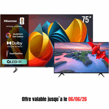 Téléviseur Hisense 75Q6Q QLED UHD 4K Smart Vidaa + Hisense 43A4200G Gratuit Tunisie